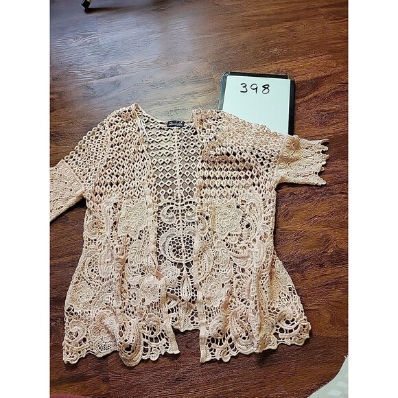 Crochet Cardigan Questions By Say What Pink V-Neck Button Front Womens Small - Picture 10 of 10